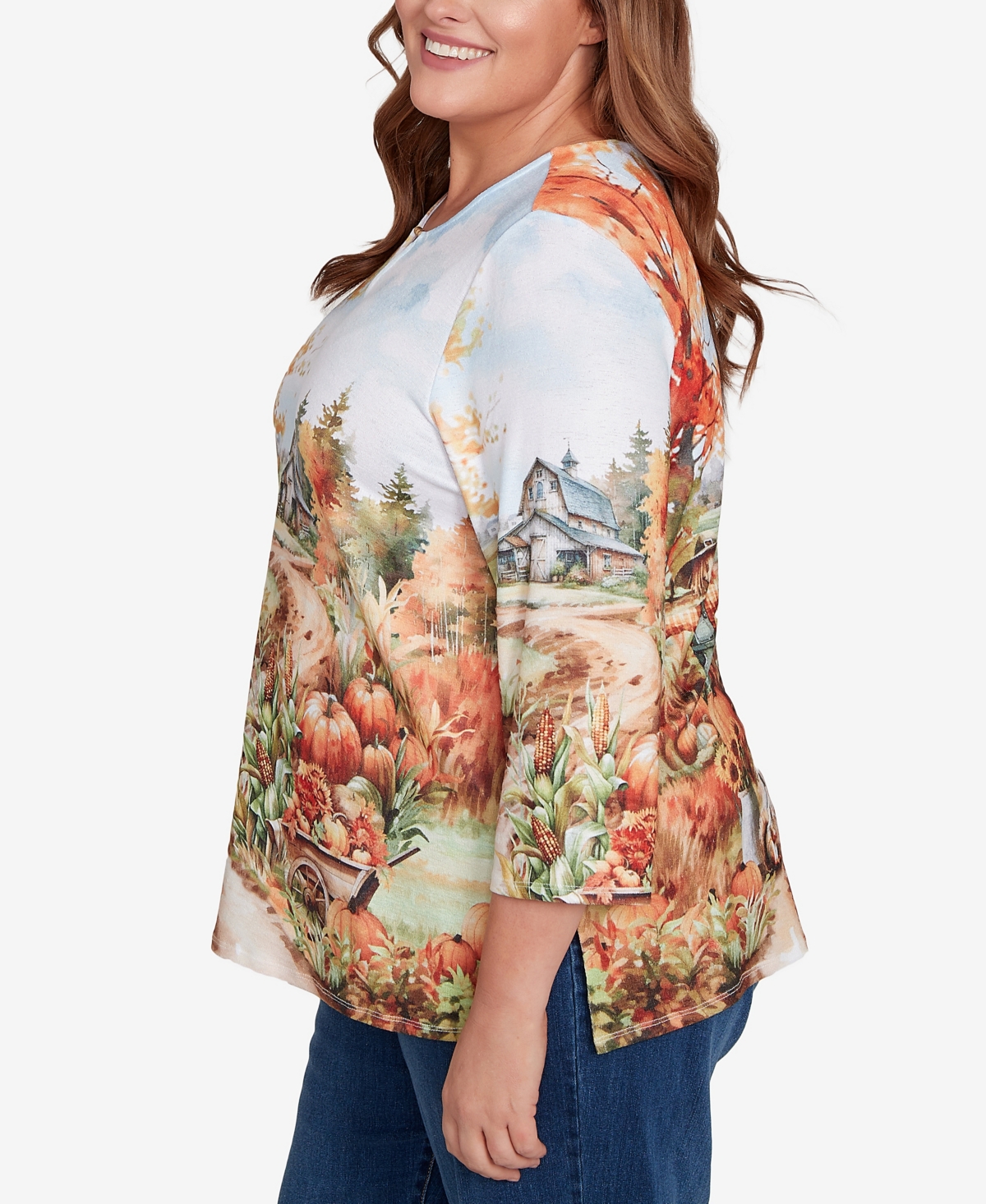 Alfred Dunner Plus Size Classic Farm Landscape Harvest Keyhole Neck Top In Multi