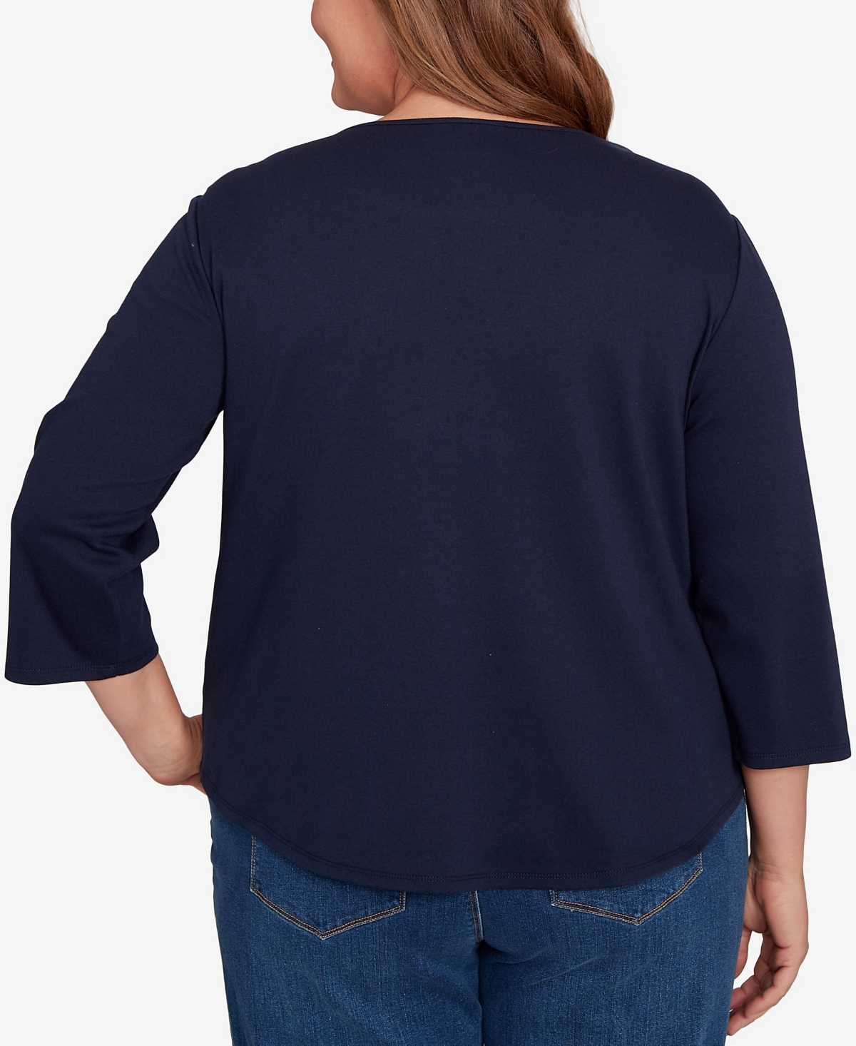 Alfred Dunner Plus Size Classic Owl Wreath Embroidered Top In Blue