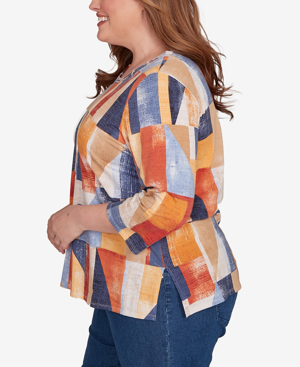 Alfred Dunner Plus Size Colorblock Detailed Crew Neck Top In Multi