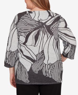 Plus Size Classic Abstract Floral Stripe V-Neck Top