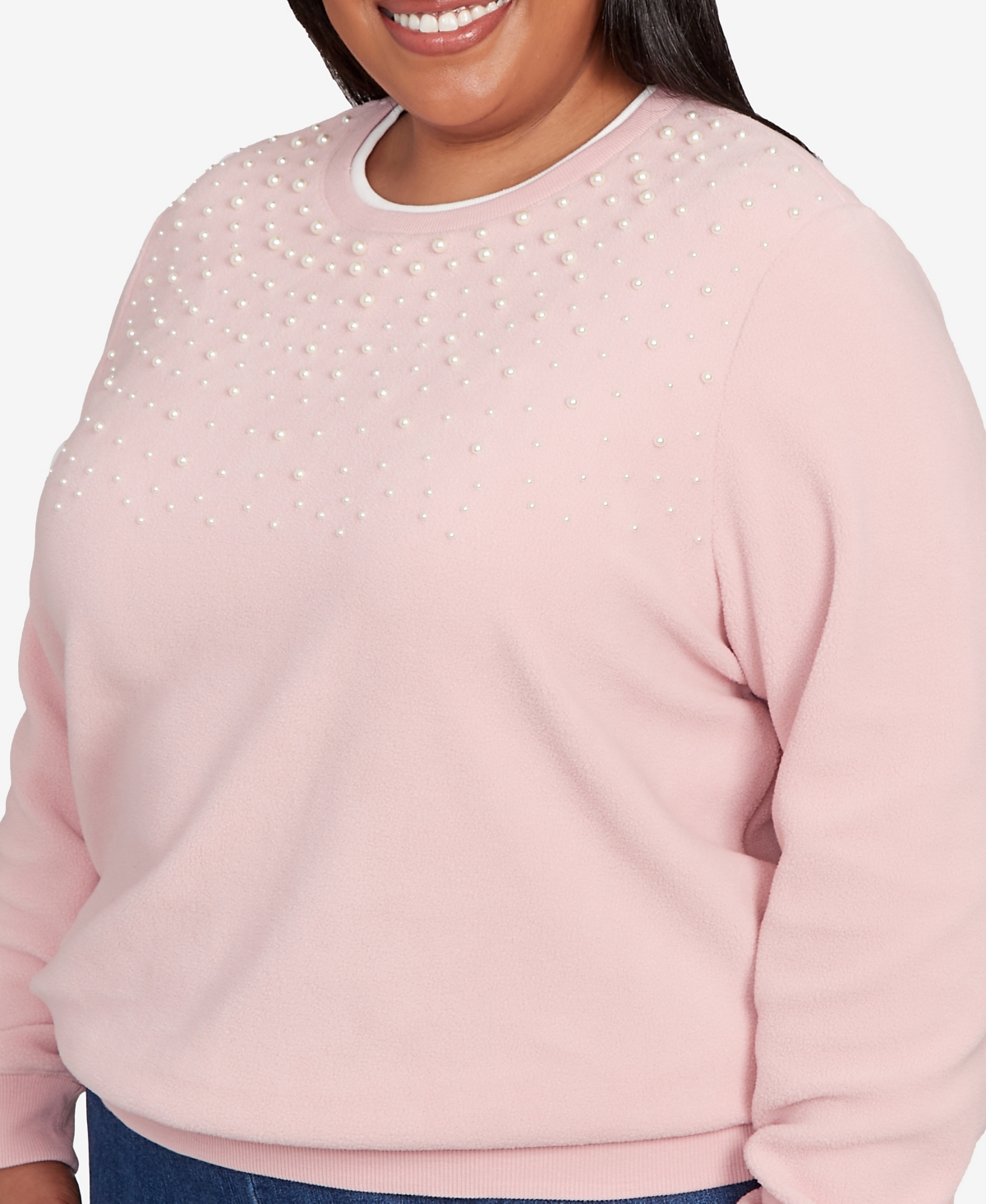Alfred Dunner Plus Size Classic Embellished Neckline Anti-pill Sweater In Pink
