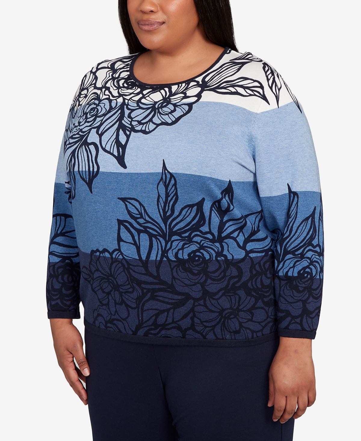 Alfred Dunner Plus Size Classic Ombre Floral Block Stripe Sweater In Blue