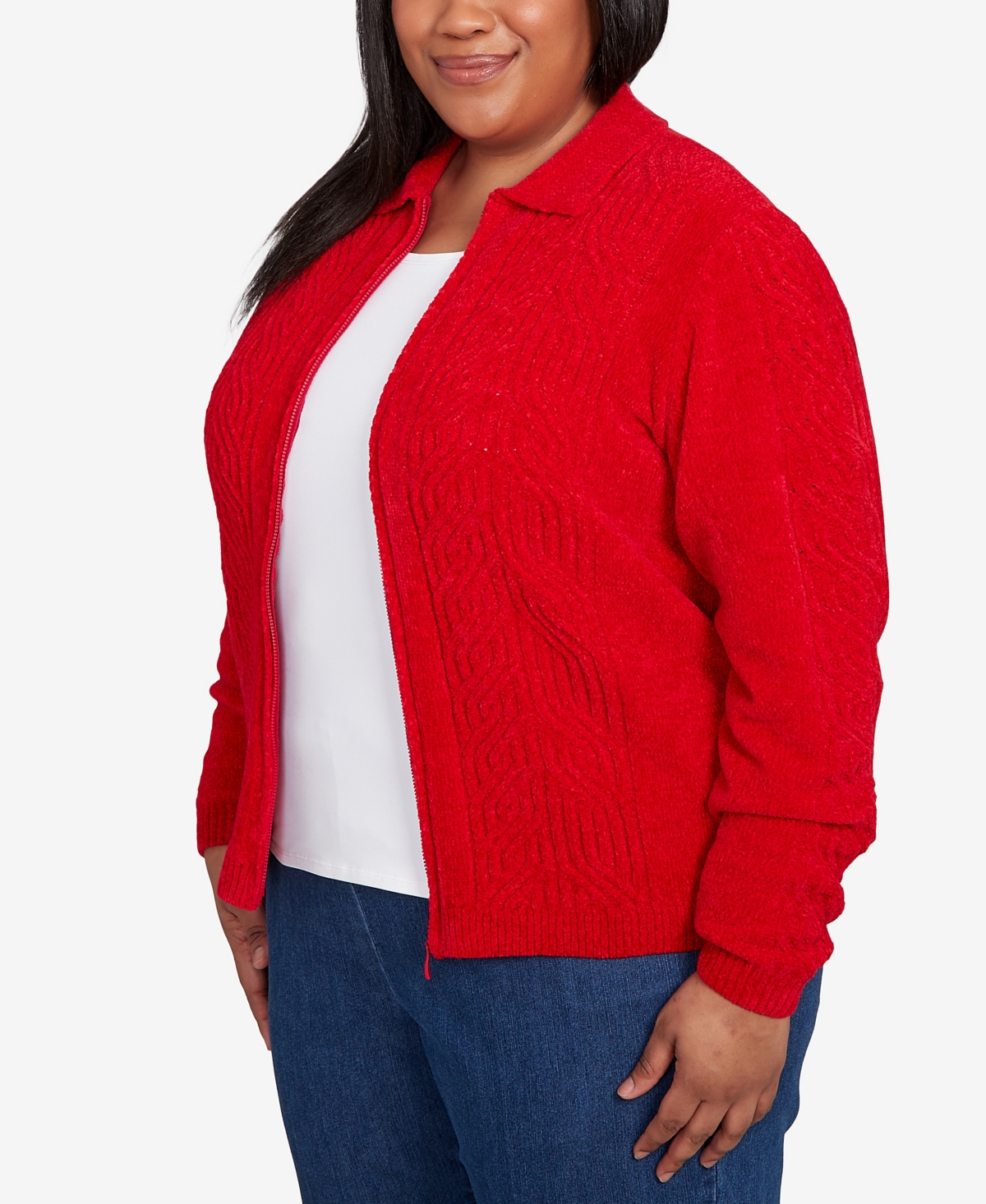 Alfred Dunner Plus Size Classic Zip-front Chenille Collared Cardigan Sweater In Red