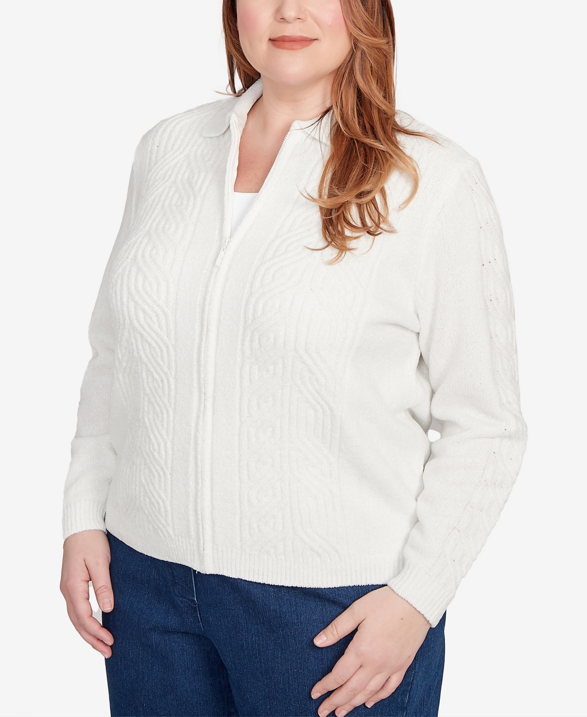 Alfred Dunner Plus Size Classic Zip-front Chenille Collared Cardigan Sweater In White