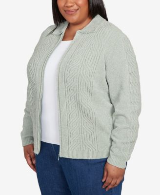Plus Size Classic Zip-Front Chenille Collared Cardigan Sweater