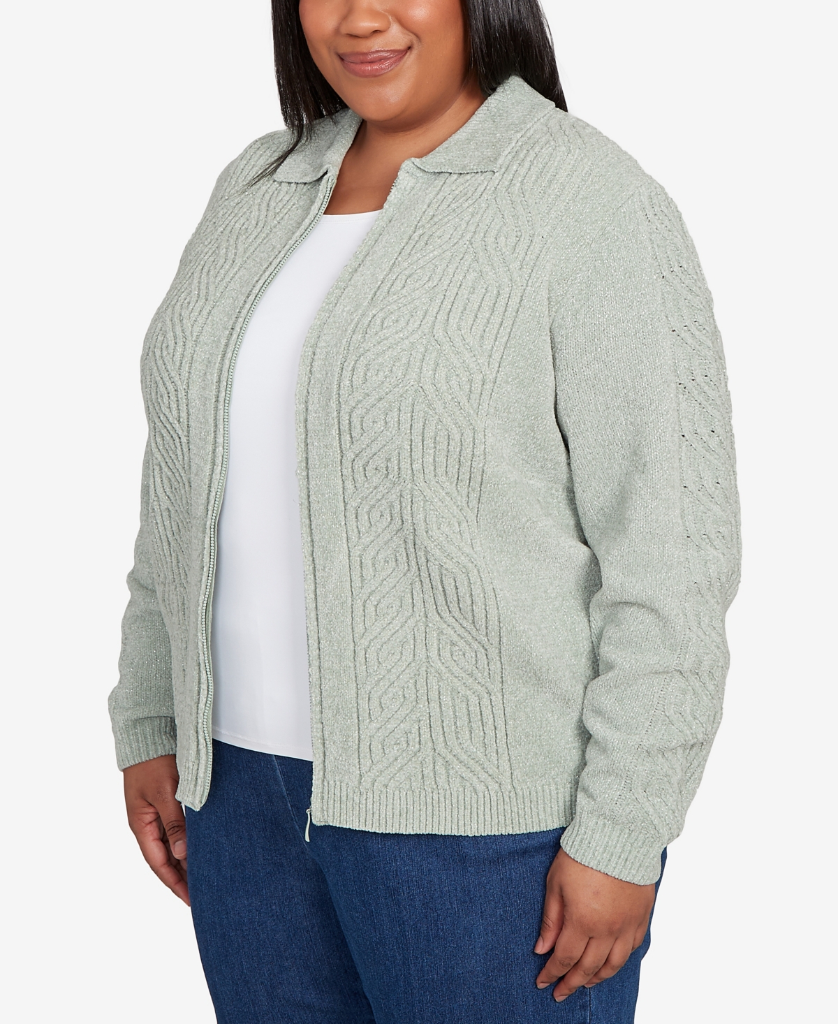 Alfred Dunner Plus Size Classic Zip-front Chenille Collared Cardigan Sweater In Green