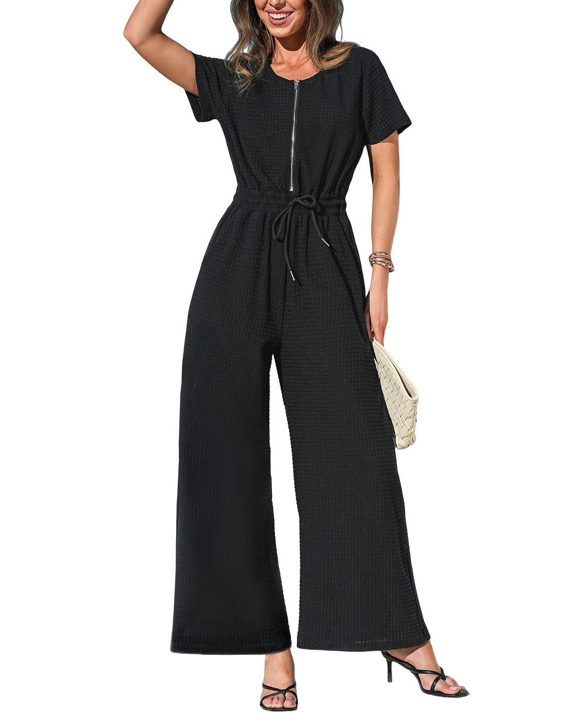 Women's Short Sleeve Zippered Front Jumpsuit - Black