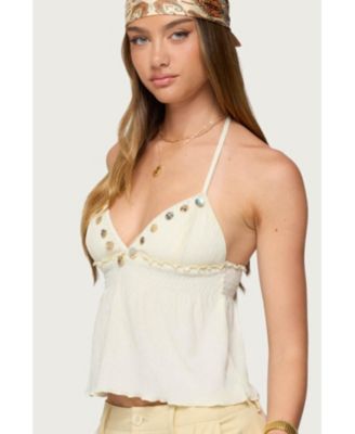 Womens Textured Iridescent Babydoll Halter Top
