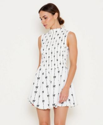 Women's Sleeveless Smocked High Neck Embroidered Mini Dress