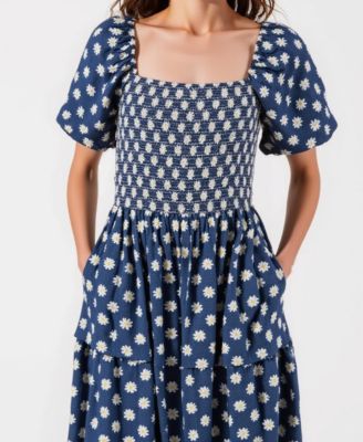 Women's Smocked Puff-Sleeve Tiered Midi Dress with Pockets
