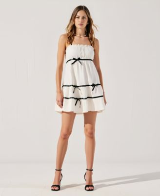 Women's Spaghetti Strap Ruffled Trim Bow Accents Mini Dress