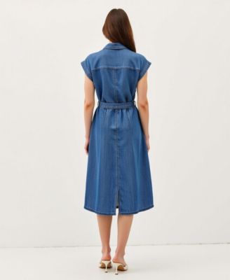 Women's Sleeveless Button-Front Tie-Waist Midi Shirt Dress