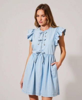 Women's Sleeveless Ruffle Bow-Tie Front Drawstring Mini Dress