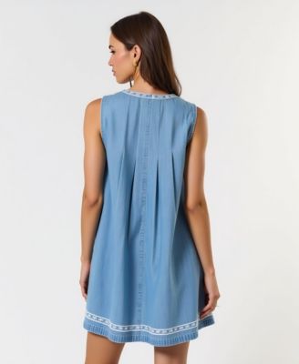 Women's Sleeveless Embroidered Trim Tie Front Mini Dress