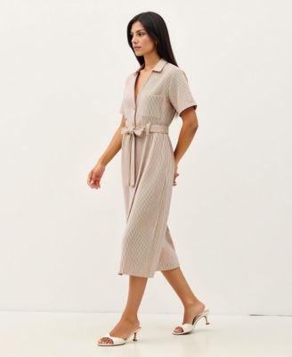Women's Striped Collared Waist Tie Button-Down Midi Dress