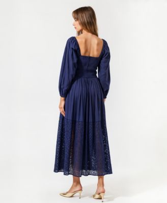 Women's Square-Neck Smocked Eyelet Hem Midi Dress