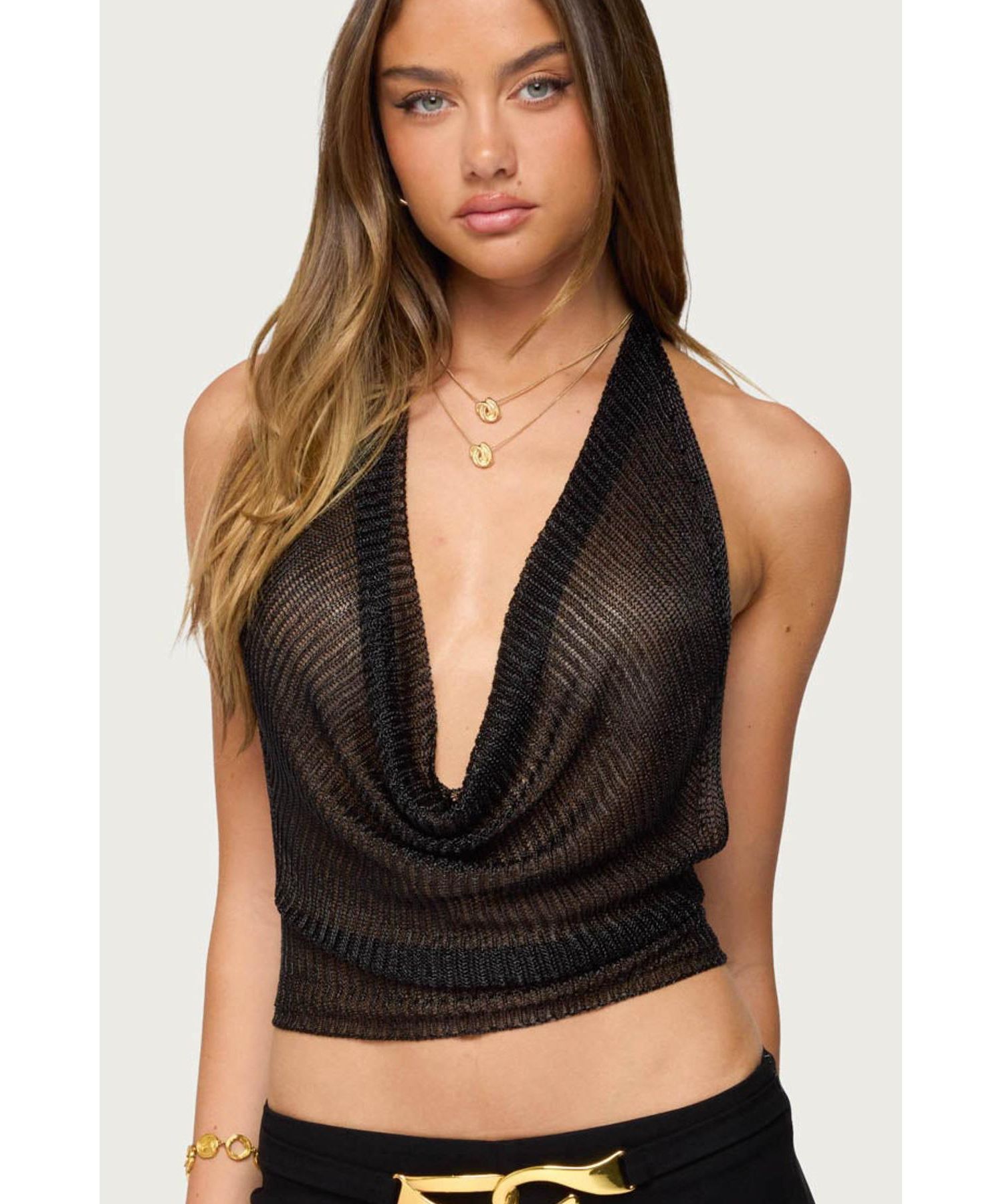Women's Shiny Knit Cowl Neck Backless Top