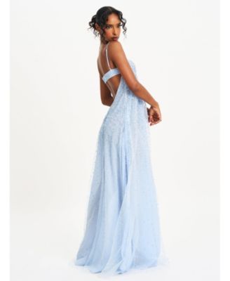 Women's Wallie Baby Blue Rhinestone Embellished Mesh Backless Gown