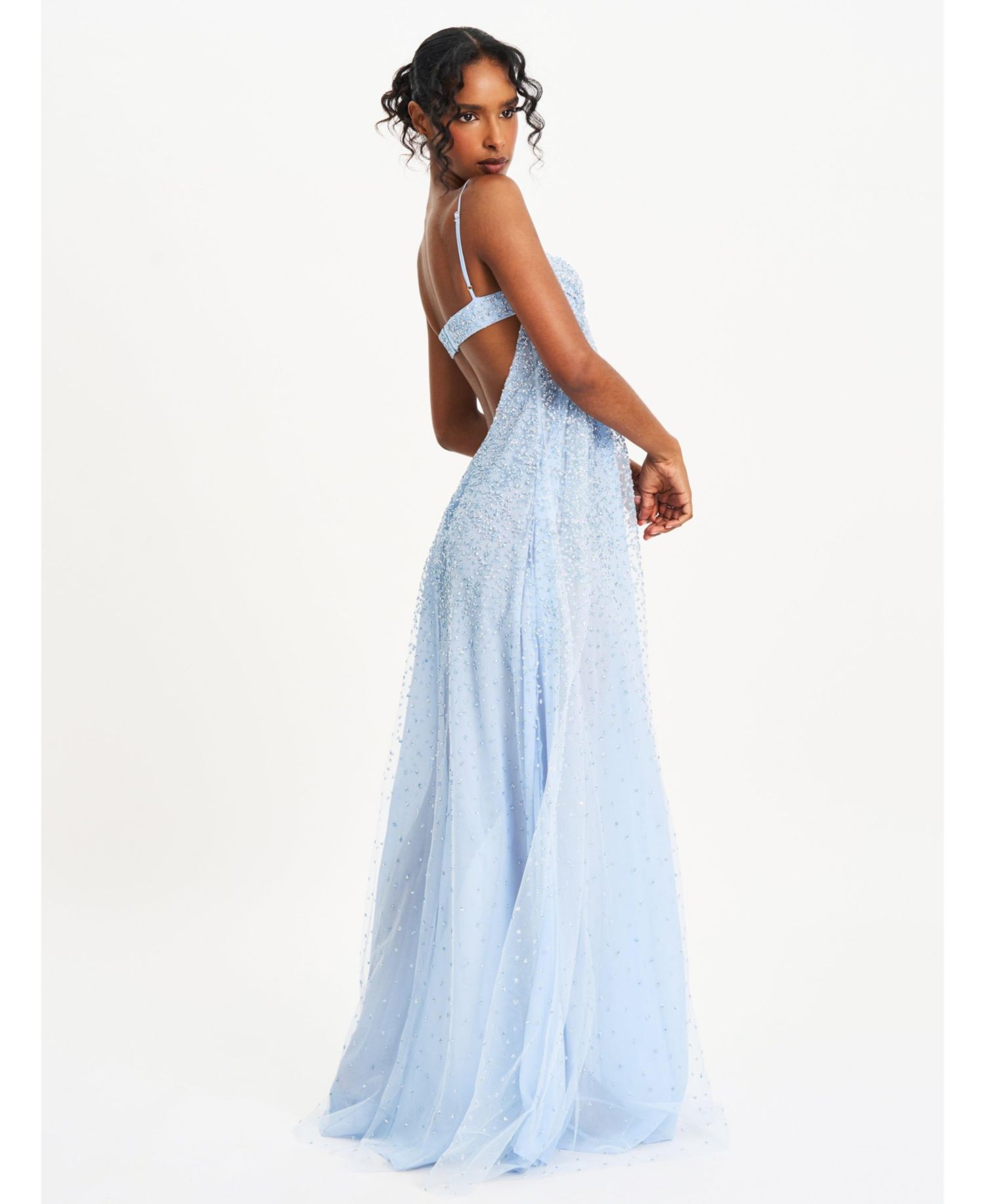Women's Wallie Baby Blue Rhinestone Embellished Mesh Backless Gown