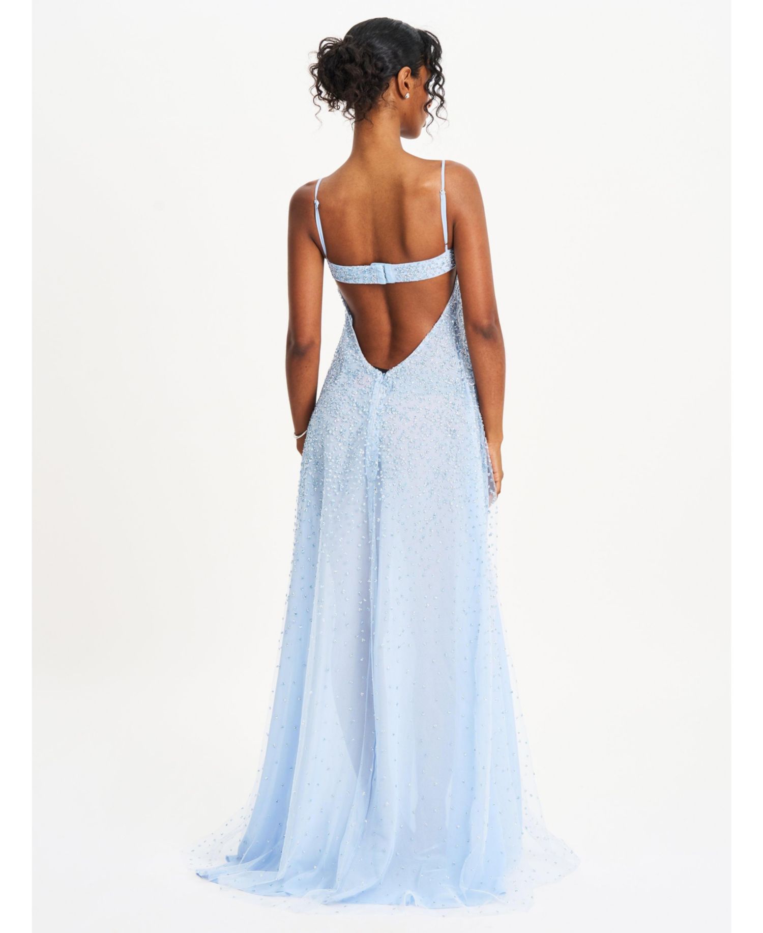 Women's Wallie Baby Blue Rhinestone Embellished Mesh Backless Gown