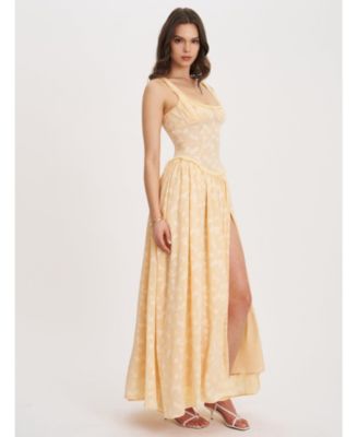 Women's Ulissa Orange Square Neck Jacquard Textured High Slit Maxi Dress