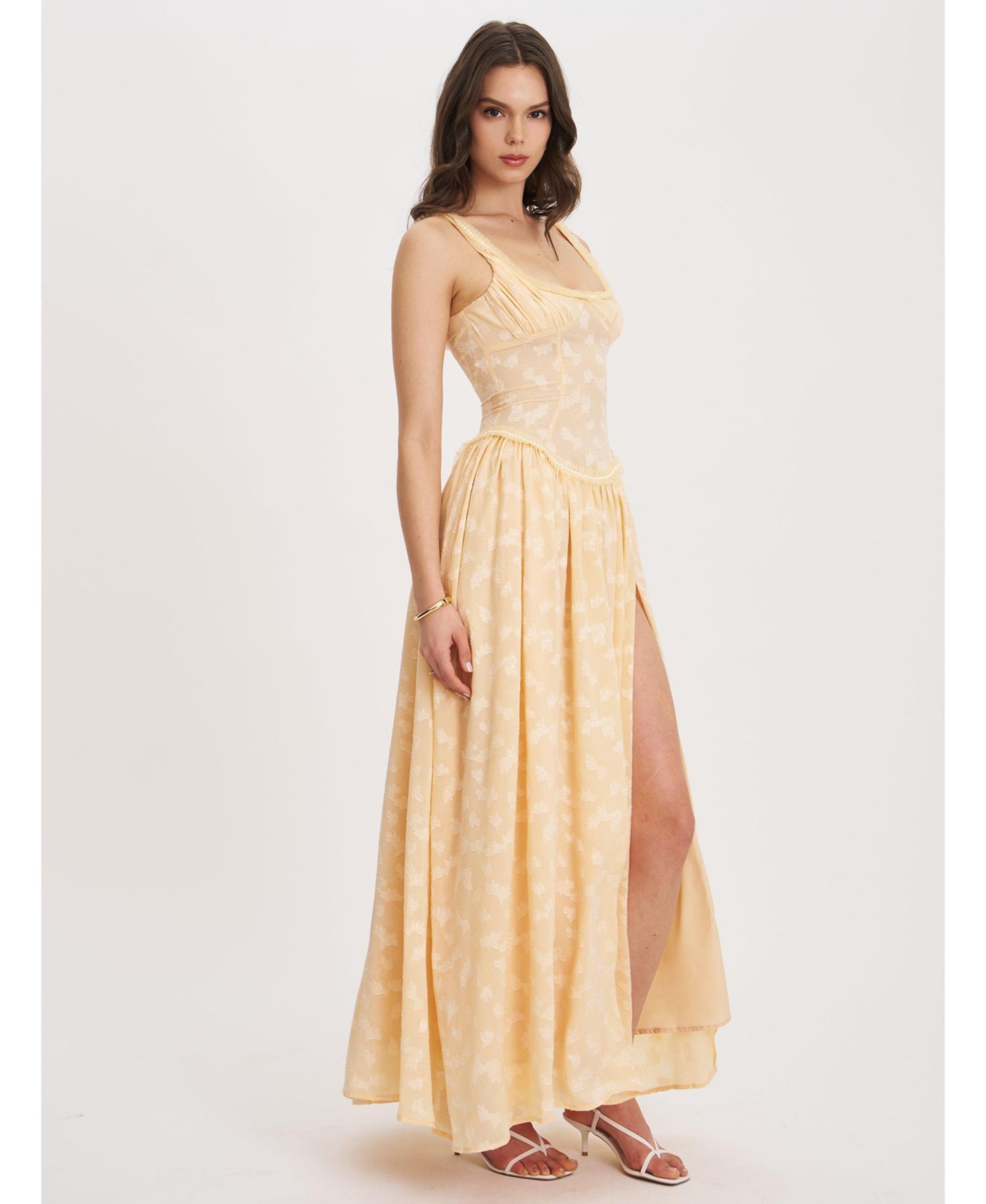 Women's Ulissa Orange Square Neck Jacquard Textured High Slit Maxi Dress