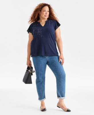 Plus Size Embroidered Flutter-Sleeve Knit Top, Macy's Exclusive 