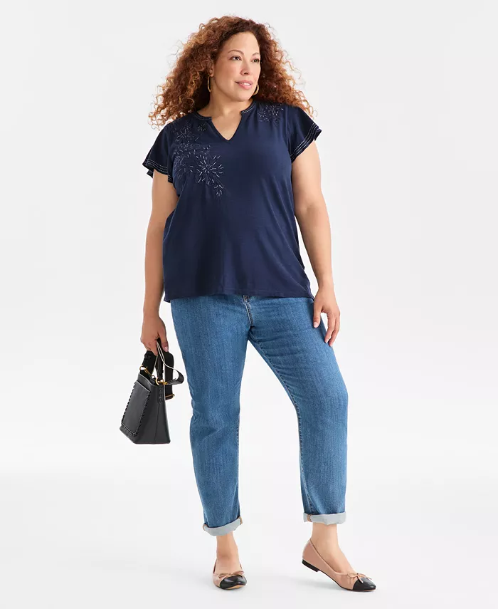 Plus Size Embroidered Flutter-Sleeve Knit Top - thumbnail 6