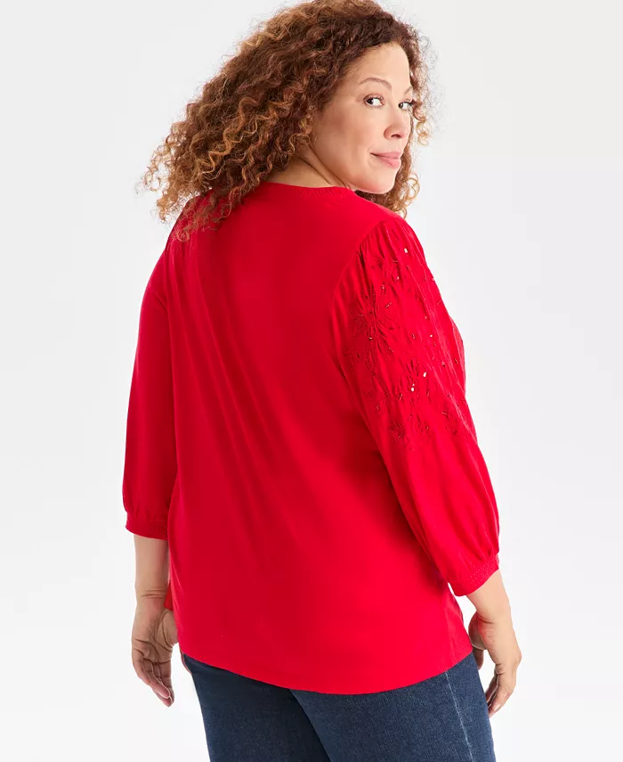Plus Size Floral Embroidery Shine Knit Top - thumbnail 4