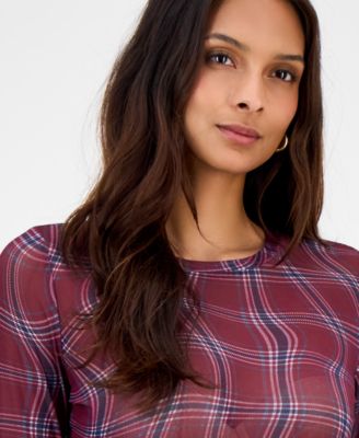 Women's Plaid Mesh Long-Sleeve Top, Macy's Exclusive
