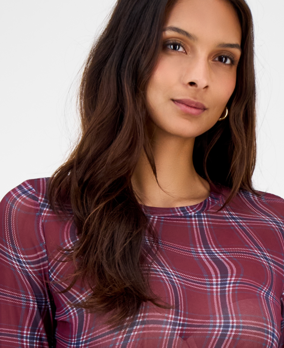 Bar Iii Women's Plaid Mesh Long-sleeve Top, Macy's Exclusive In Multi