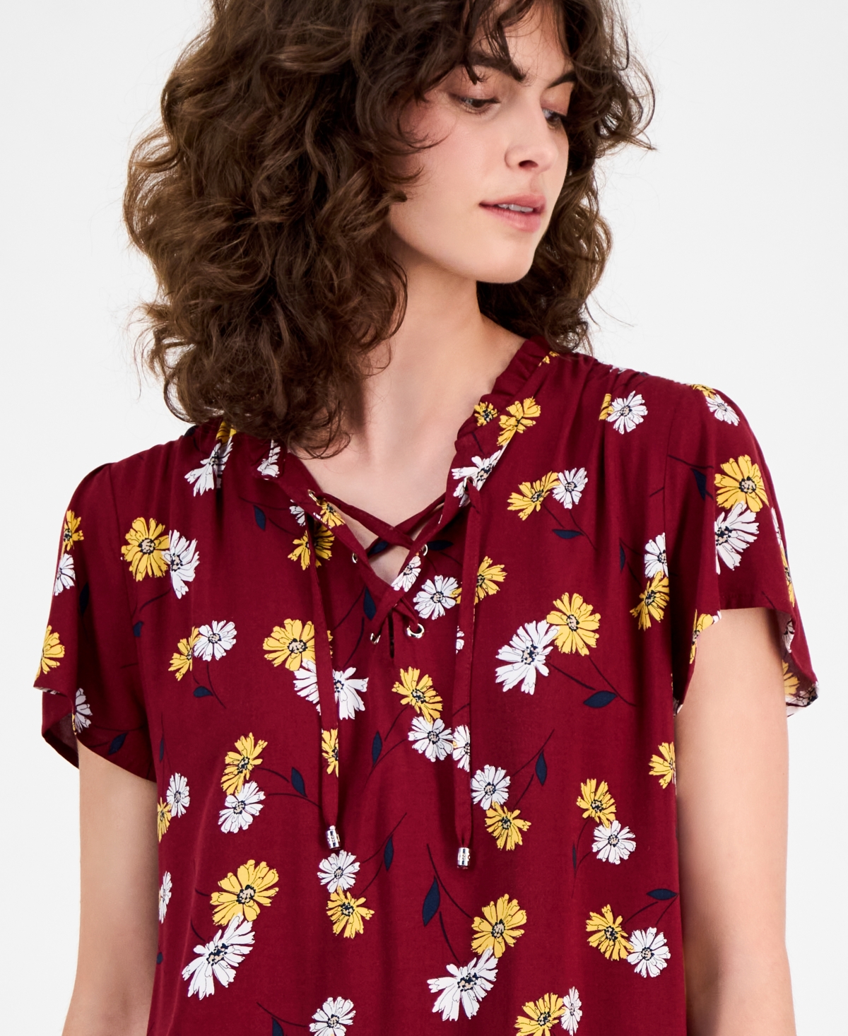 Tommy Hilfiger Women's Daisy Lace-up Ruffled Blouse In Burgundy
