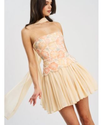 Women's Quanisha Yellow Beaded Floral Mini Chiffon Dress with Scarf