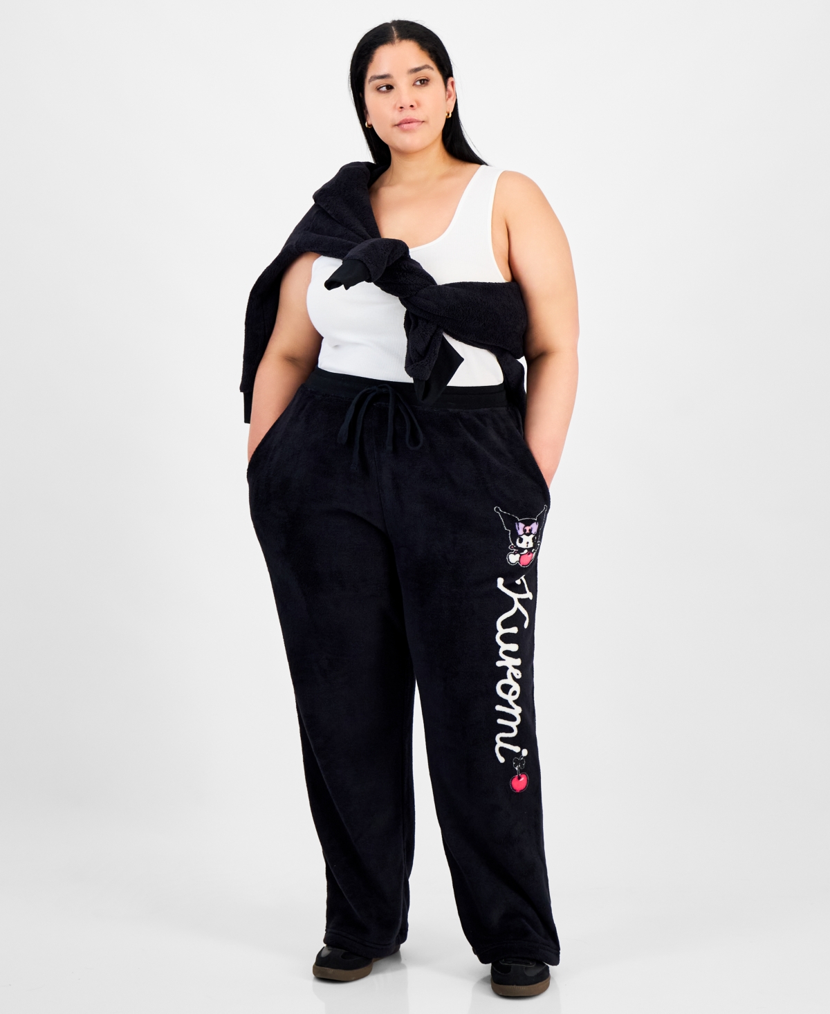 Love Tribe Trendy Plus Size Kuromi Fleece Drawstring Pants In Black