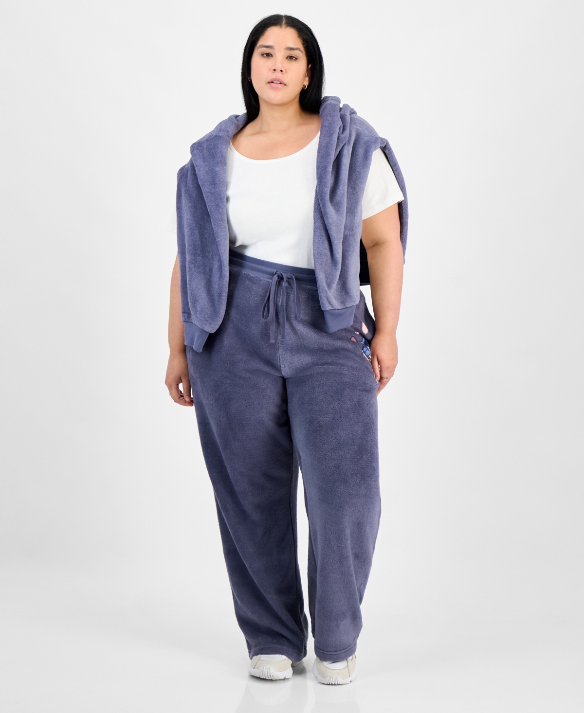 Disney Trendy Plus Size Stitch Fleece Drawstring Pants In Blue