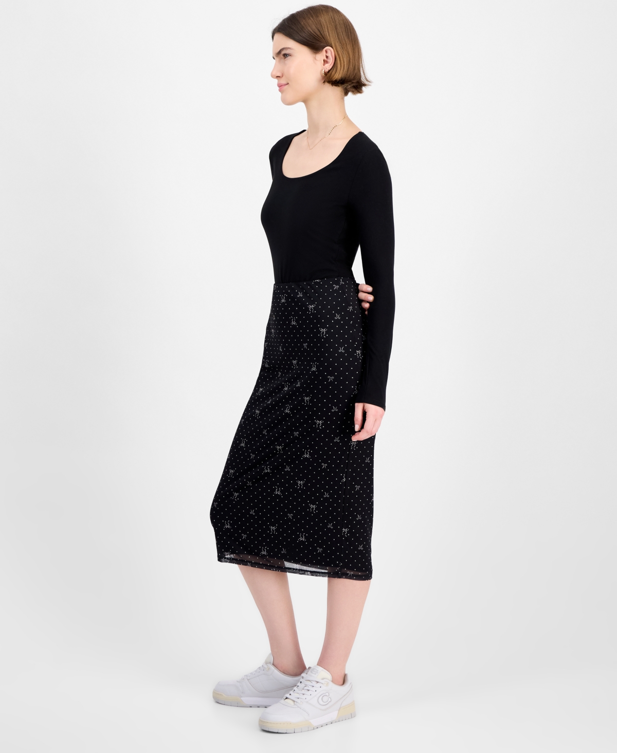 Tinseltown Juniors' Printed-mesh Midi Skirt In Black