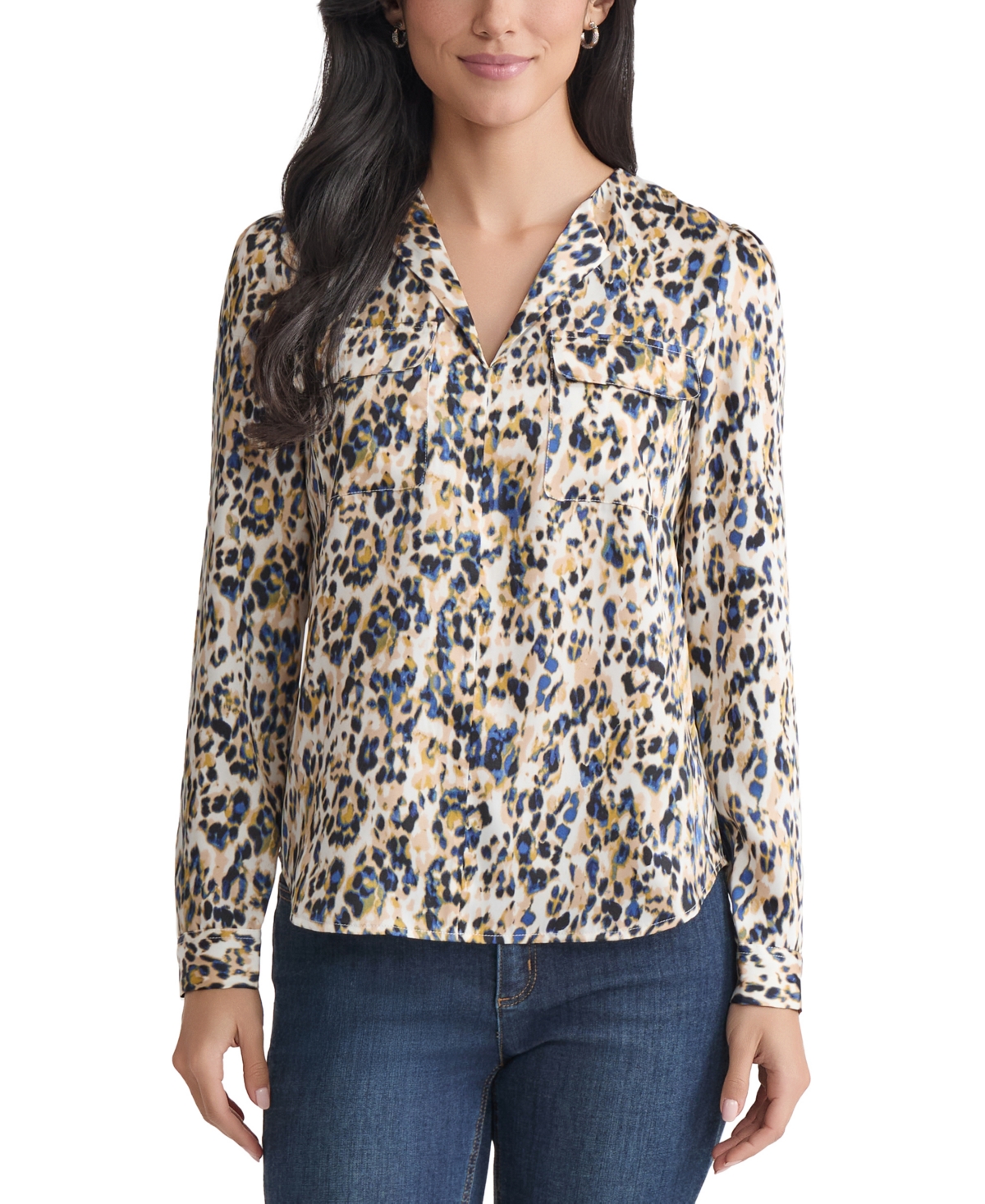 Jones New York Petite Printed Utility Blouse In Multi