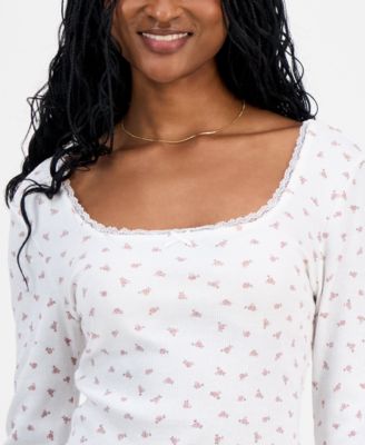 Juniors' Floral-Print Lace-Trim Top