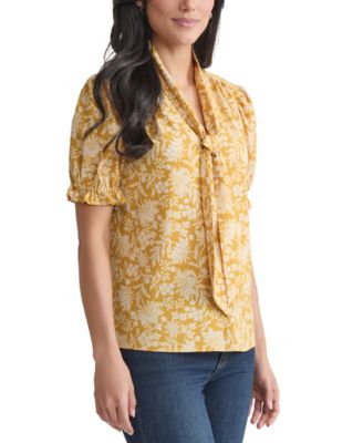 Petite Printed Tie-Neck Puff-Sleeve Blouse