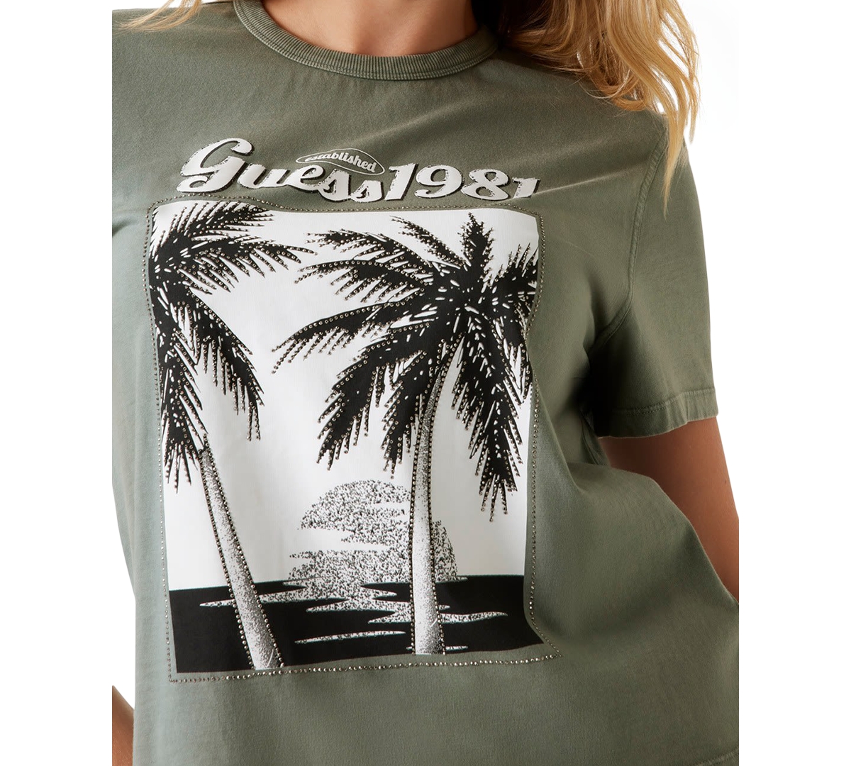 Guess Women's Palm Print Crewneck T-shirt In Gray