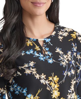 Petite Floral-Print Keyhole Top