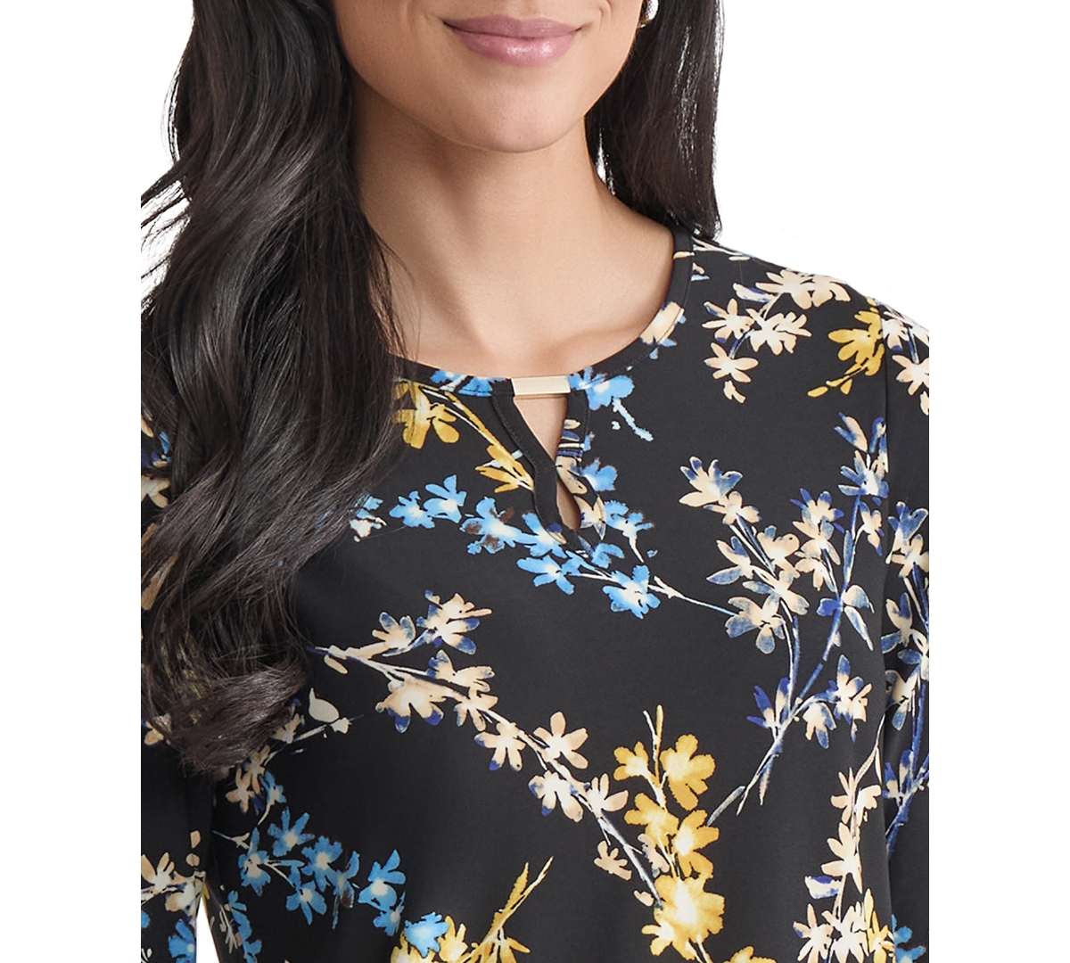 Jones New York Petite Floral-print Keyhole Top In Multi