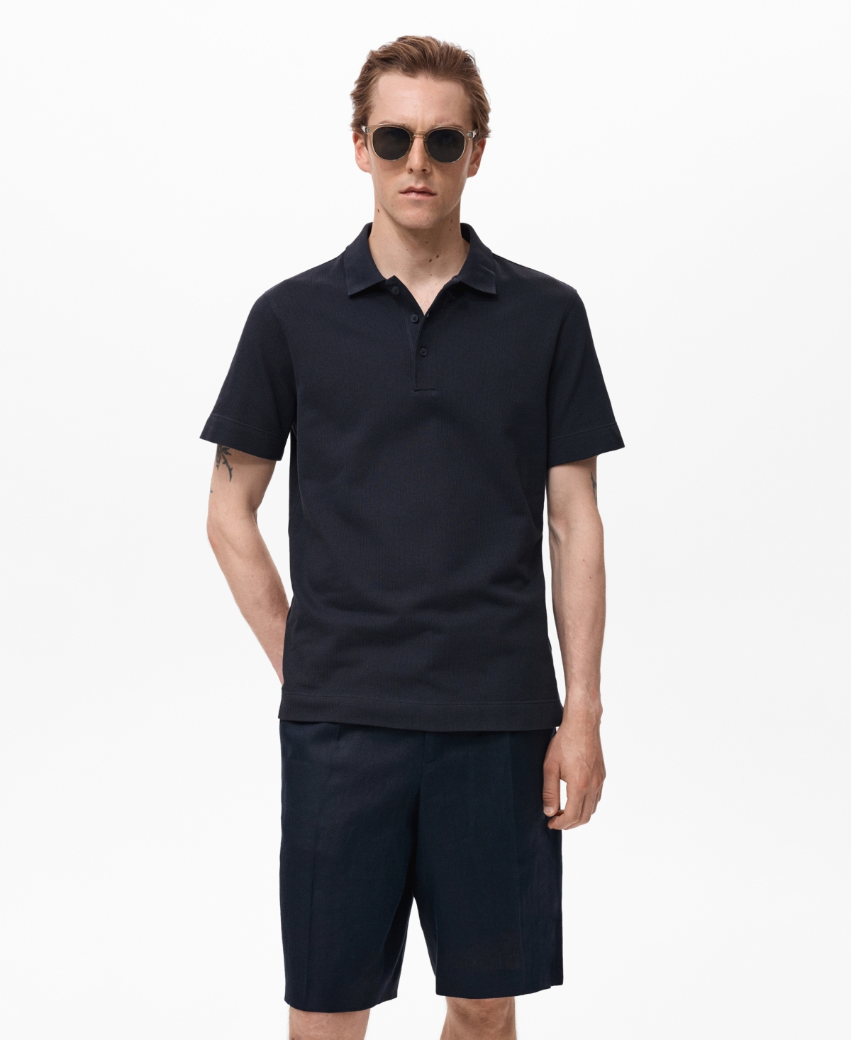 Men's Fine Rib-Knit Polo Shirt - Navy