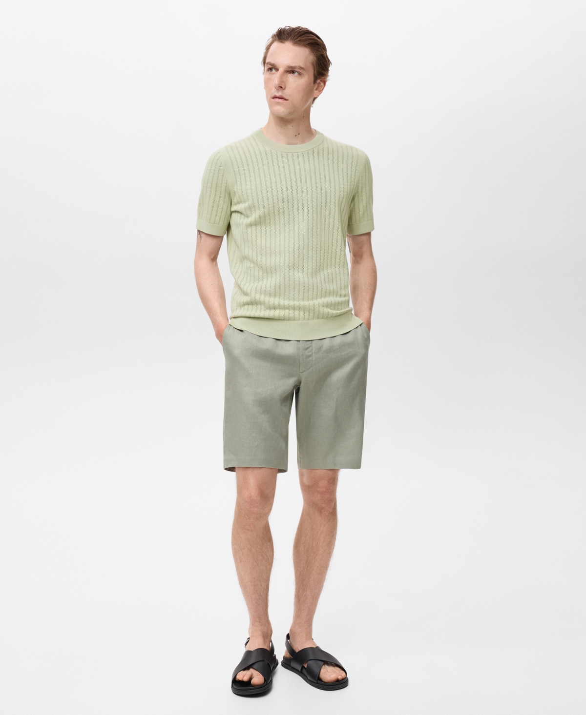 Mango Openwork Stripe Cotton Top In Green