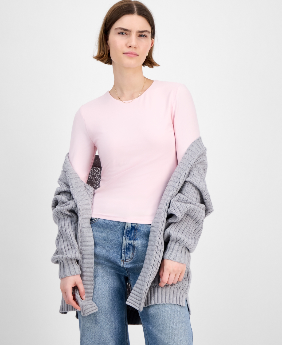 Hippie Rose Juniors' Crewneck Long-sleeve Top In Pink
