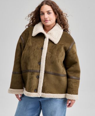 And Now This - Trendy Plus Size Faux Suede Sherpa Jacket