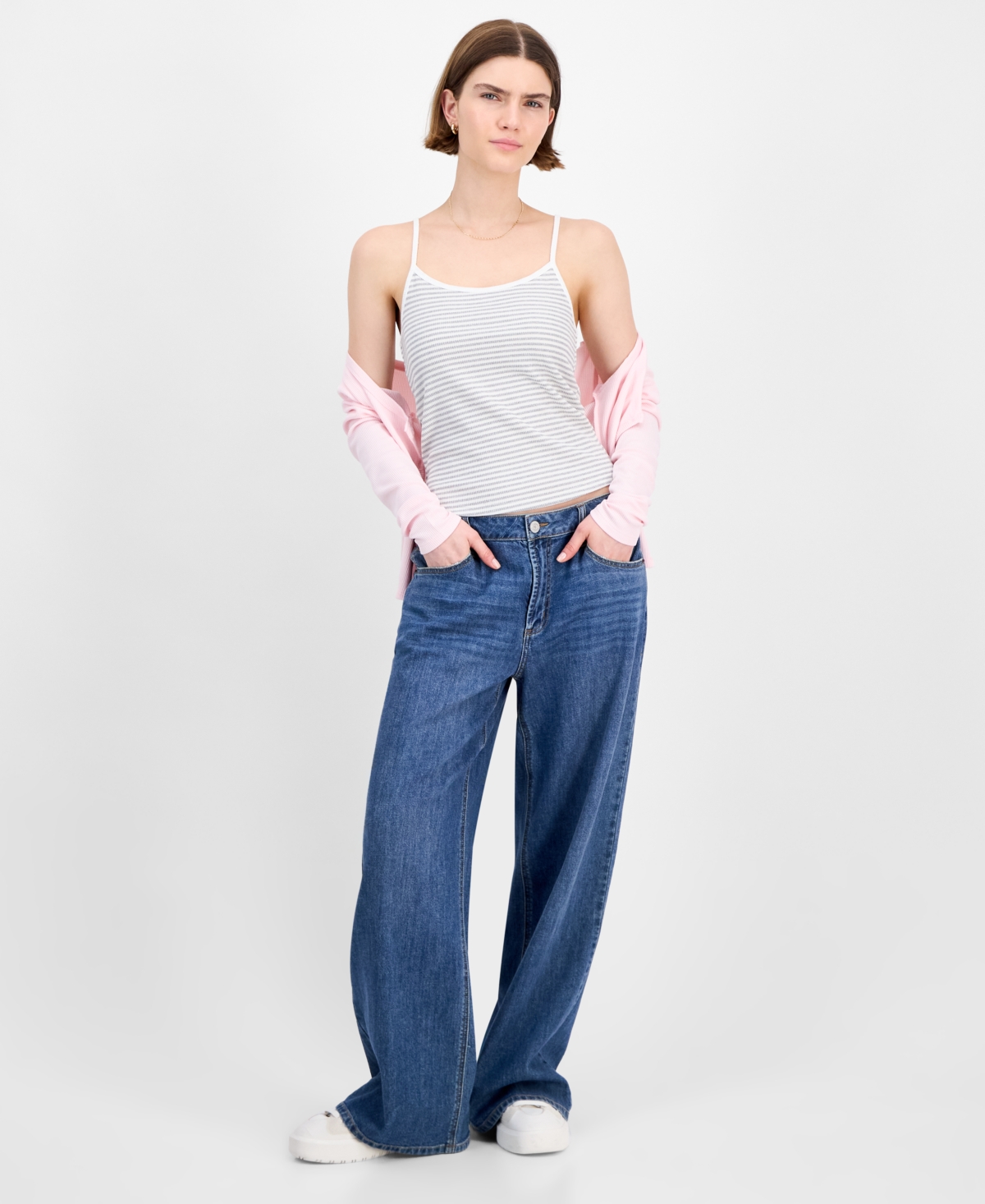 Hippie Rose Juniors' Waffle-knit Tank Top & Cardigan Set In Pink