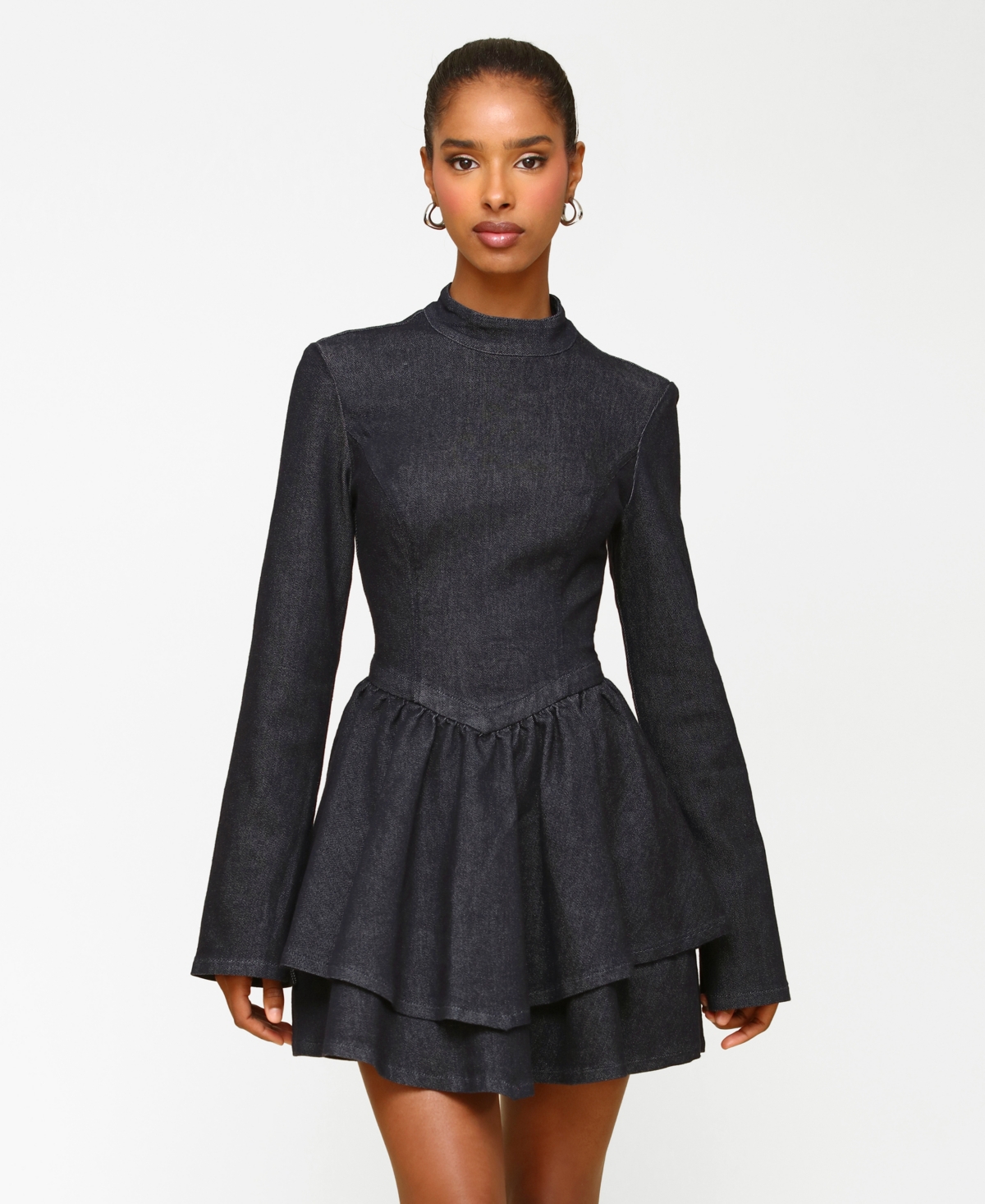 Avec Les Filles Long Sleeve Denim Minidress In Gray