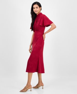 Women's High-Neck Flounce-Sleeve Midi Dress