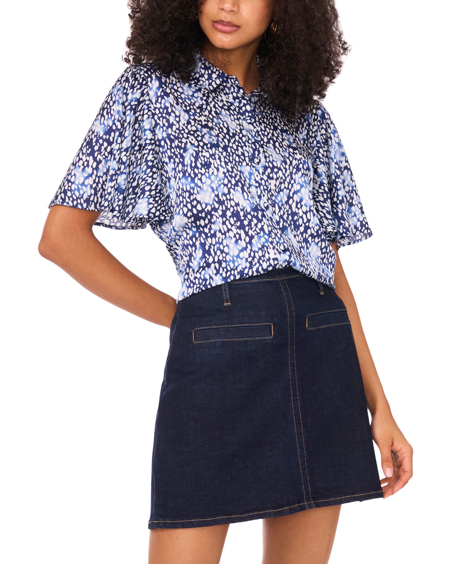 Women's Printed Flutter-Sleeve Button Blouse